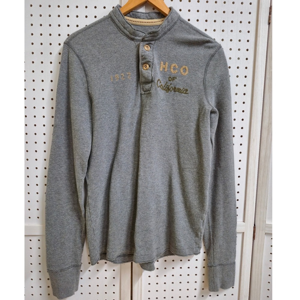 Hollister Y2K Gray Waffle Knit Thermal Henley Shirt Long Sleeve Men's Medium
